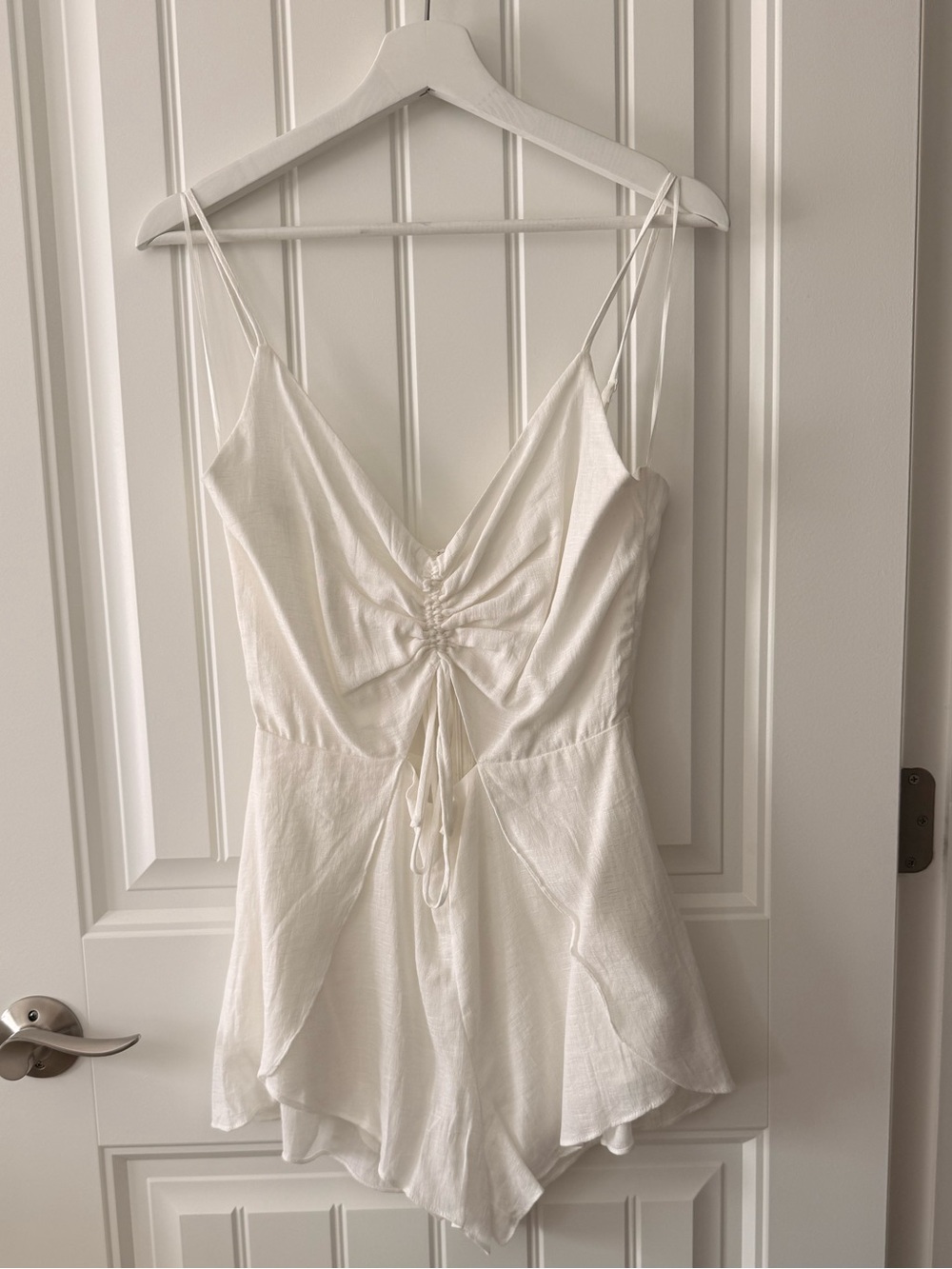 White Linen Spaghetti-Strap Romper with Front Tie